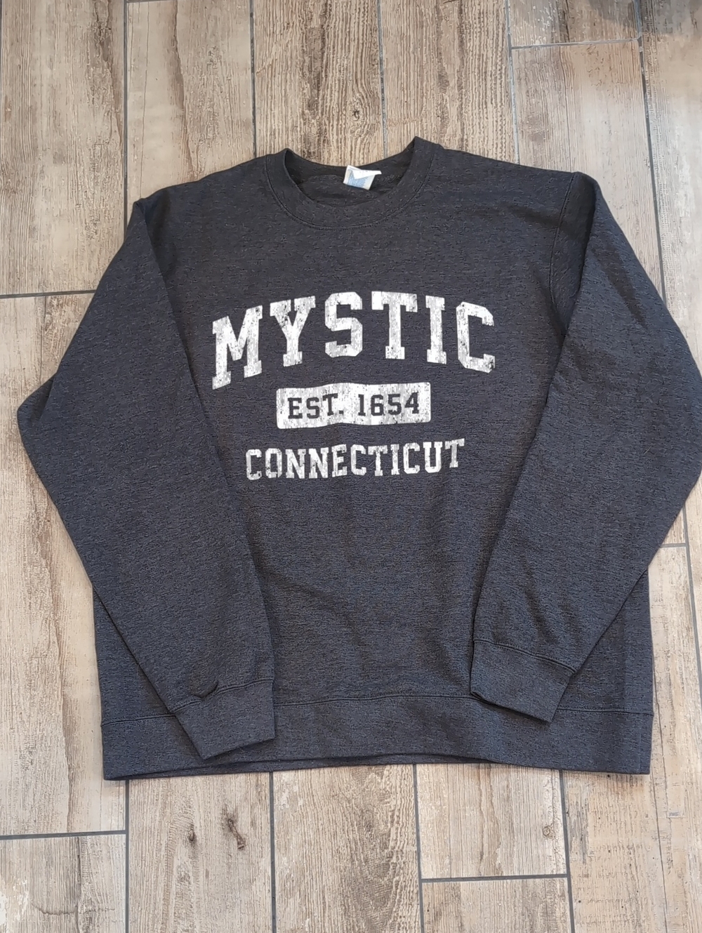 Ladies Varsity Mystic Connecticut Crewneck Sweatshirt - Dark Charcoal